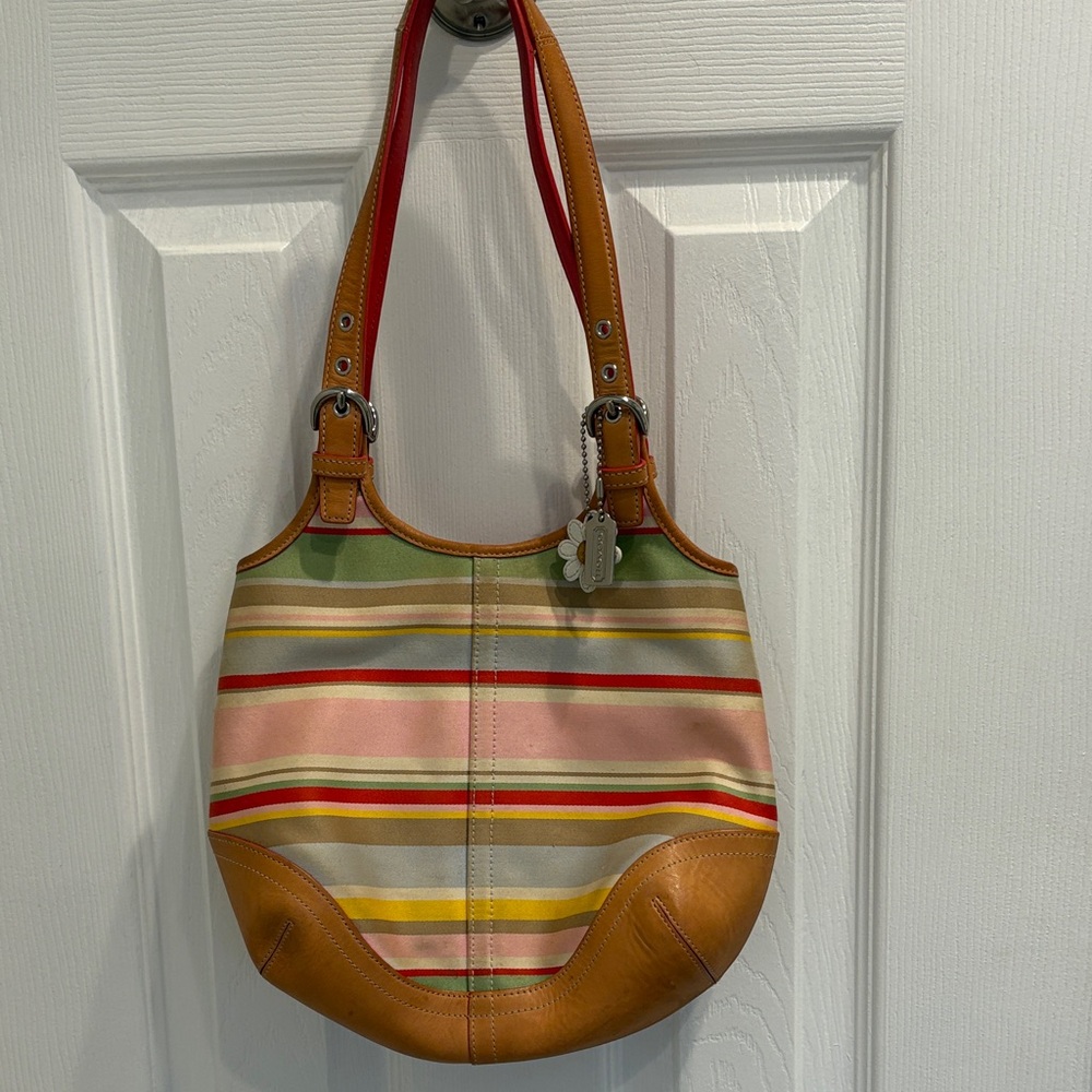 Vintage Coach Striped Multicolor Canvas Shoulder Bag with Tan Leather Trim